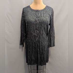 EILEEN FISHER  Textured Crinkled Silk Navy Long Sleeve Tunic Top Blouse LARGE